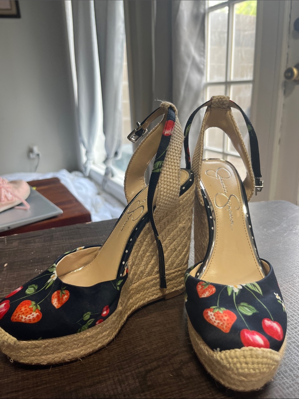 Jessica Simpson Black Wedge Espadrilles with Strawberry Print